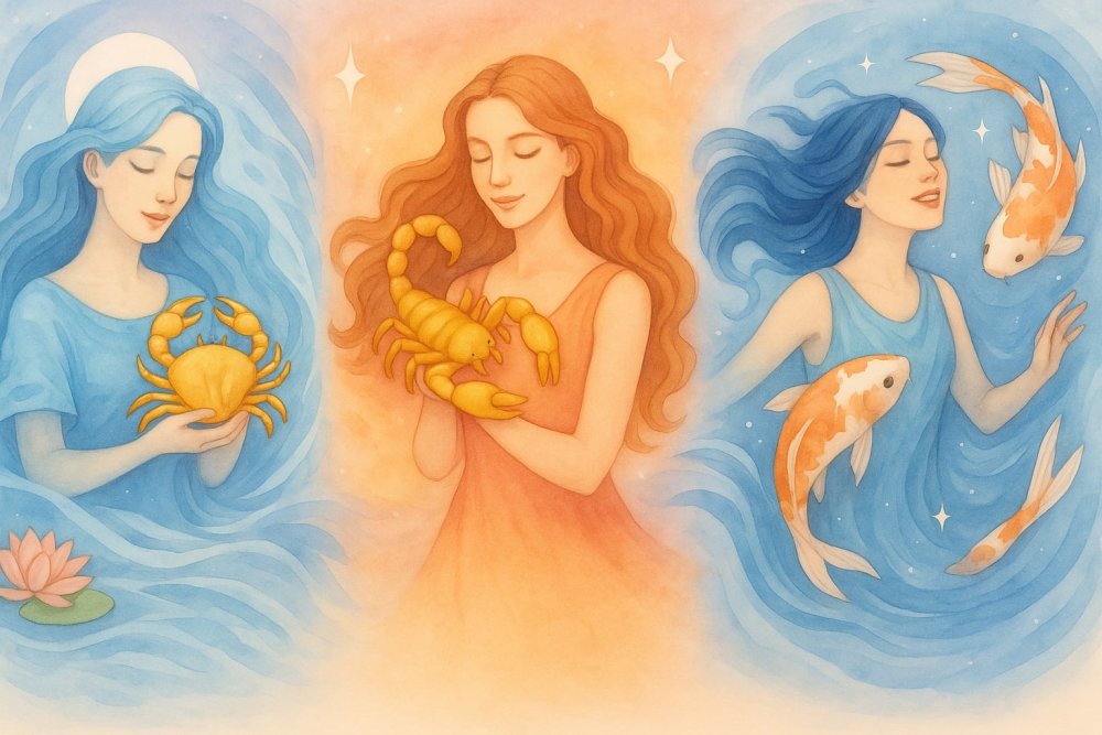 Ilustración artística de los signos de agua Cáncer, Escorpio y Piscis, representados como figuras emocionales y espirituales en un entorno acuático simbólico
