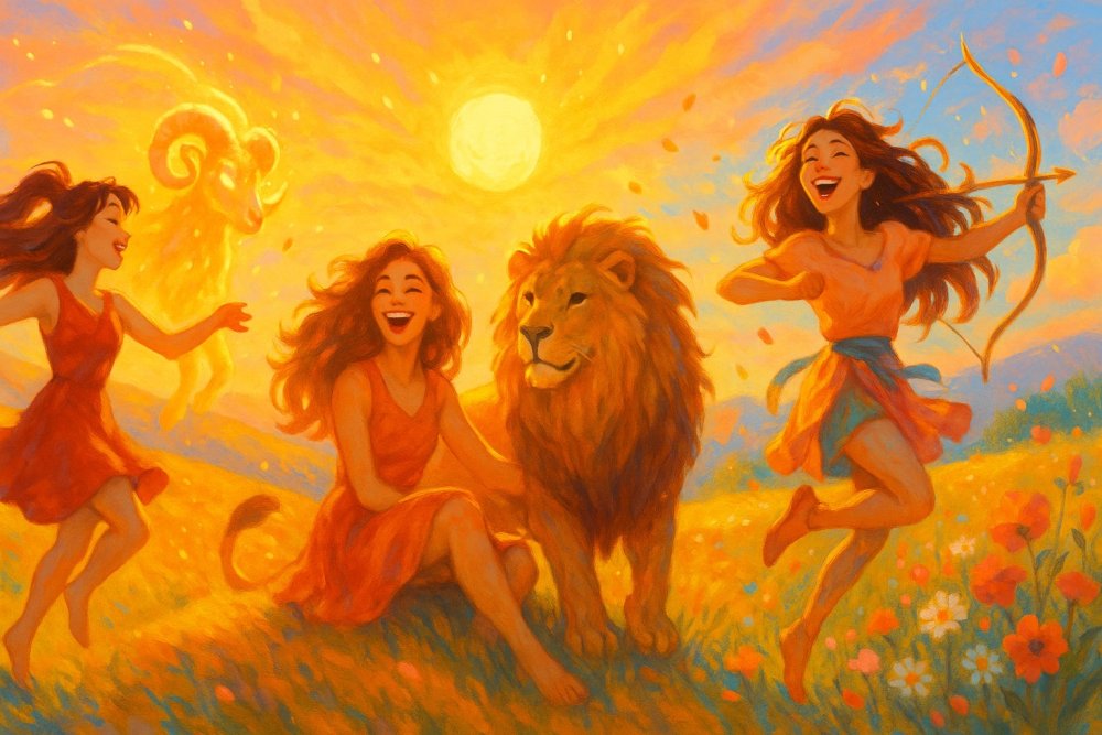 Ilustración simbólica de los signos de fuego Aries, Leo y Sagitario, representados con figuras dinámicas y colores cálidos en un entorno inspirado en el fuego
